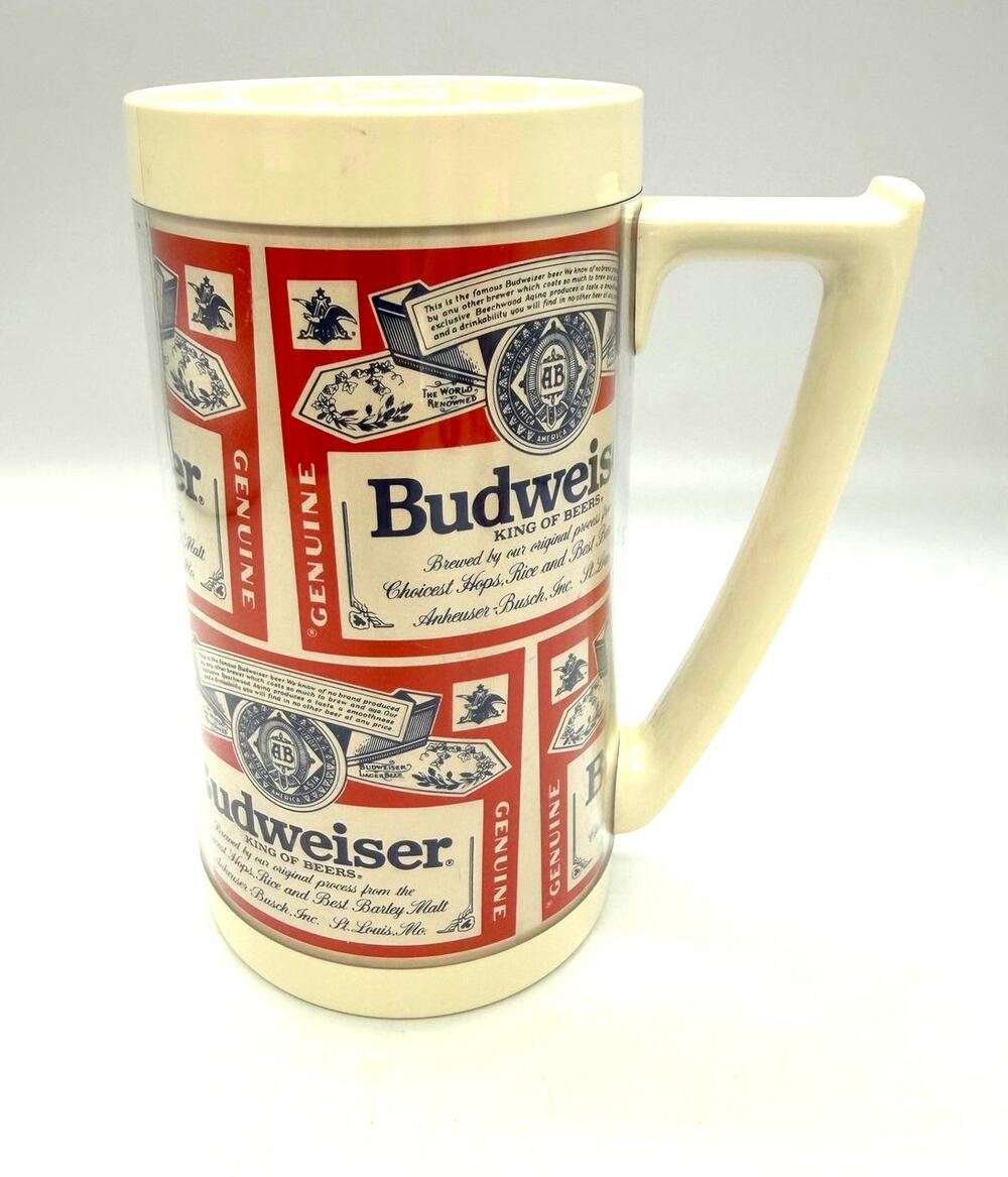 Vintage Thermo-Serv White/Red Budweiser Insulated Plastic Beer Mug / Stein 6.25"